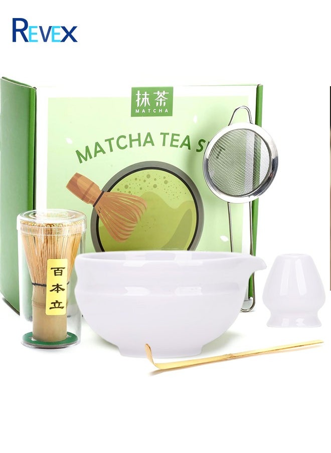 REVEX 5-piece Japanese Matcha Set with Spout, Ceramic Matcha Bowl+Whisk Holder+Bamboo Whisk+Spoon+Sieve,for Traditional Tea Ceremony-Coarse Ceramic Perfect Handmade Matcha Kit to Prepare Traditional Matcha Tea, 100% Natural Matcha Gift Kit(white)  - Image 1