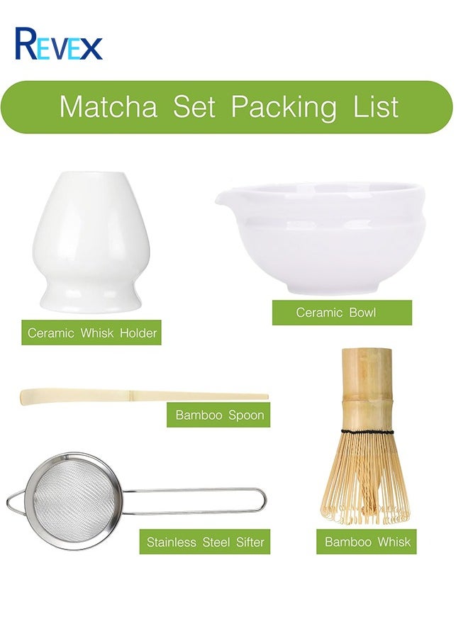 REVEX 5-piece Japanese Matcha Set with Spout, Ceramic Matcha Bowl+Whisk Holder+Bamboo Whisk+Spoon+Sieve,for Traditional Tea Ceremony-Coarse Ceramic Perfect Handmade Matcha Kit to Prepare Traditional Matcha Tea, 100% Natural Matcha Gift Kit(white)  - Image 2
