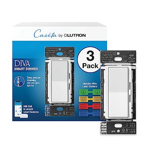 LUTRON مفتاح إضاءة ذكي لوتрон ديفا مع ديمر لمصابيح كاسيتا (يتطلب محور لوتрон الذكي)، لمصابيح LED، 150 واط، قطب واحد/3 طرق، بدون سلك محايد، أبيض، عبوة 3 قطع (DVRF-6LS-WH-3) - Image 1