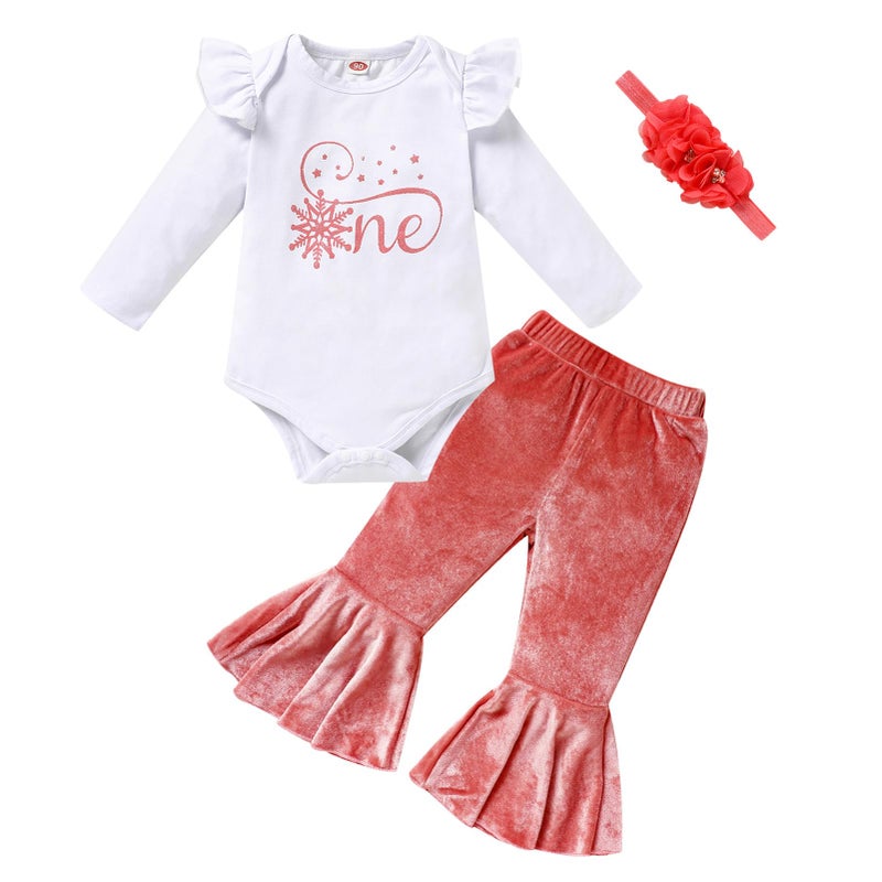 Viworld Baby Girl Birthday Clothes Snowflake First One Long Sleeve Romper+Velvet Flared Pants+Headband 3Pcs Cake Smash Outfits(Meat Pink,12-18M) - Image 1