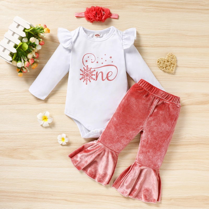 Viworld Baby Girl Birthday Clothes Snowflake First One Long Sleeve Romper+Velvet Flared Pants+Headband 3Pcs Cake Smash Outfits(Meat Pink,12-18M) - Image 3