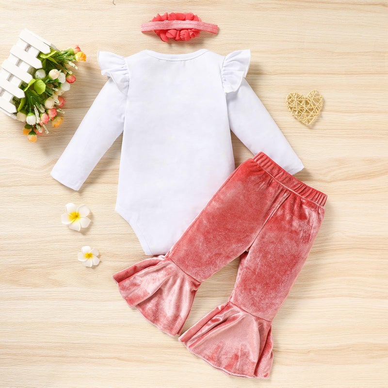 Viworld Baby Girl Birthday Clothes Snowflake First One Long Sleeve Romper+Velvet Flared Pants+Headband 3Pcs Cake Smash Outfits(Meat Pink,12-18M) - Image 4