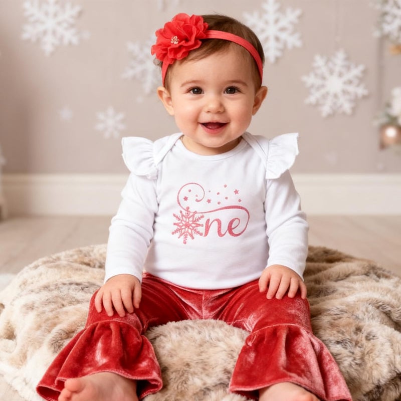 Viworld Baby Girl Birthday Clothes Snowflake First One Long Sleeve Romper+Velvet Flared Pants+Headband 3Pcs Cake Smash Outfits(Meat Pink,12-18M) - Image 2