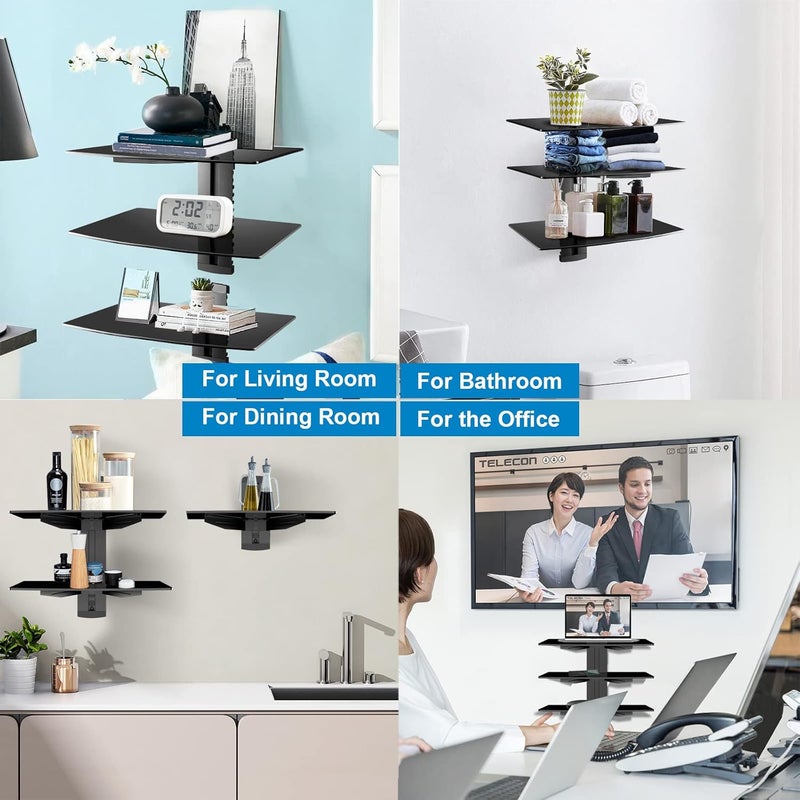 Suptek 3 Floating Shelf Wall Bracket with Strengthened Tempered Glass for DVD Players/Cable Boxes/Games Consoles/TV Accessories, 3 Shelves, Black, CS303 - Image 5