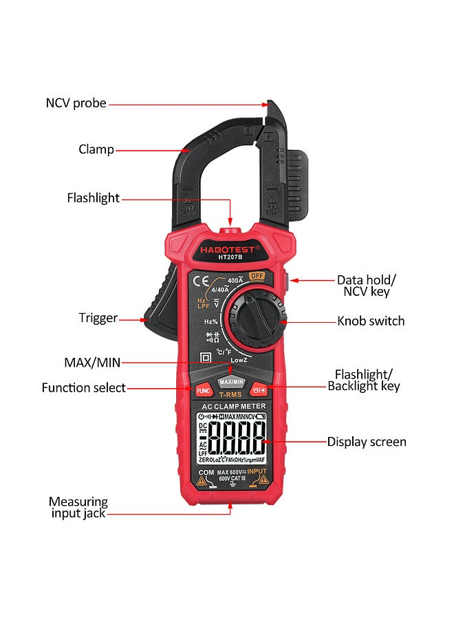 HABOTEST HT207B 4000 Counts Digital Clamp Meter Multimeter Handheld AC DC Voltage Current Voltmeter Diode Resistance Clamp Meter High-Precision Multifunctional Digital Display Clamp Meter  - Image 5