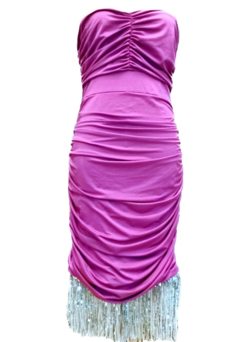 Women strapless bodycon lycra fringed sequin jesrey party soiree dress