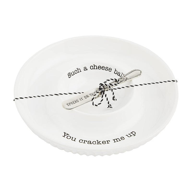 Mud Pie Circa Cheese Ball Dish Set,White, dish 1 1/2" x 9 1/2" dia | spreader 5 1/2" - Image 2