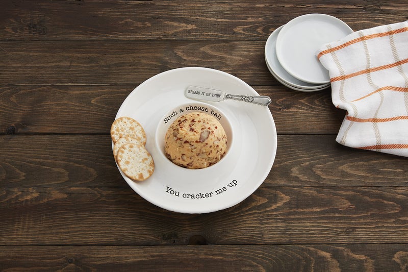 Mud Pie Circa Cheese Ball Dish Set,White, dish 1 1/2" x 9 1/2" dia | spreader 5 1/2" - Image 3