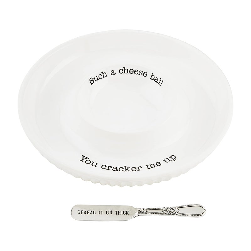 Mud Pie Circa Cheese Ball Dish Set,White, dish 1 1/2" x 9 1/2" dia | spreader 5 1/2" - Image 1