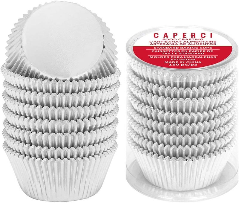Caperci Silver Foil Cupcake Muffin Liners Standard Size Baking Cups 150-Pack - Premium Greaseproof & Sturdy - Image 1