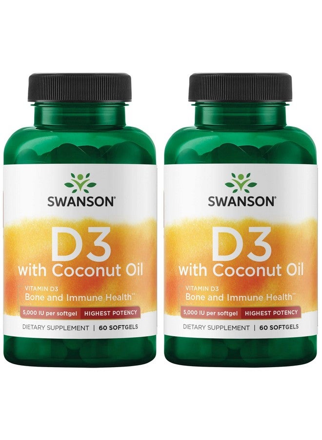 Swanson High Potency Vitamin D-3 w/Coconut - Natural Supplement Promoting Bone Health & Immune System Support - May Help Increase Calcium Absorption - (60 Softgels, 125mcg Each) (2 Pack) - Image 1
