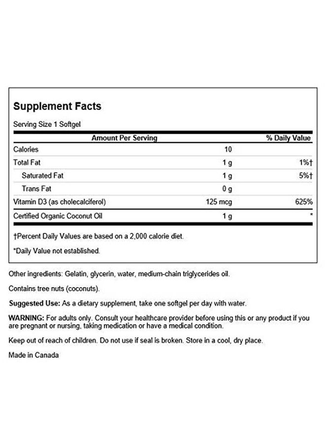 Swanson High Potency Vitamin D-3 w/Coconut - Natural Supplement Promoting Bone Health & Immune System Support - May Help Increase Calcium Absorption - (60 Softgels, 125mcg Each) (2 Pack) - Image 2
