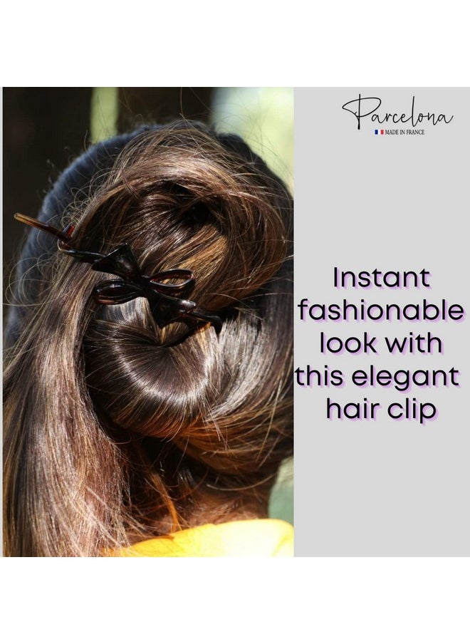Parcelona - French Twist N Clip Flower, Bow And Chain 4" Celluloid Metal Free Hair Barrette Clips Women Hair Accessories, Made In France (Tortoise Shell Brown) - Image 1
