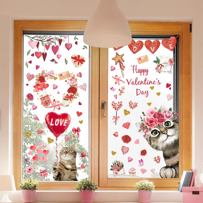 Denylo pro 30.7 X 24.8 Inch Valentine's Day Window Clings Double-Side Valentine Cat Window Stickers Decals Romantic Love Heart Red Window Clings Stickers for Valentines Day Decoration Supplies (Valentine-1) - Image 1