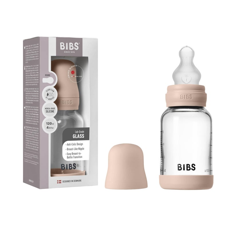 Bibs Glass Baby Bottle Round Silicone 1 Pack 120 Ml Slow Flow Blush