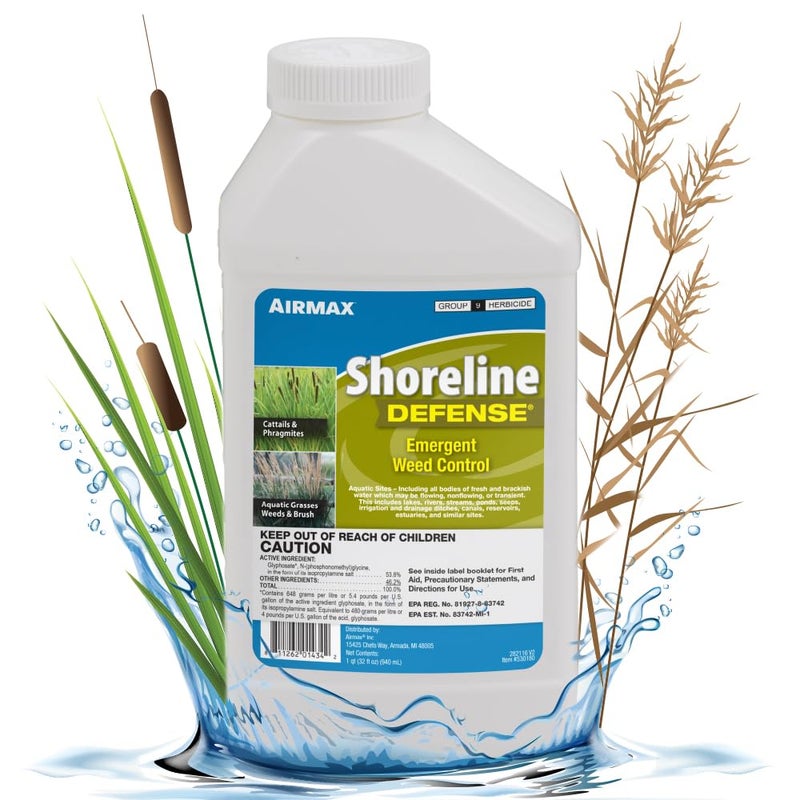 Airmax Shoreline Defense Emergent Weed Control Concentrated Treatment, Aquatic Herbicide (Glyphosate) for Phragmites, Pond Grass & Cattails, 1 Quart - Image 1