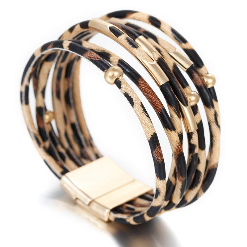 ARVATO Leopard Bracelet for Women (7.68â€) Multi Layered Animal Cheetah Print Natural Stone Braided Boho Leather Wrap Bracelet Jewelry (Leopad B) - Image 2