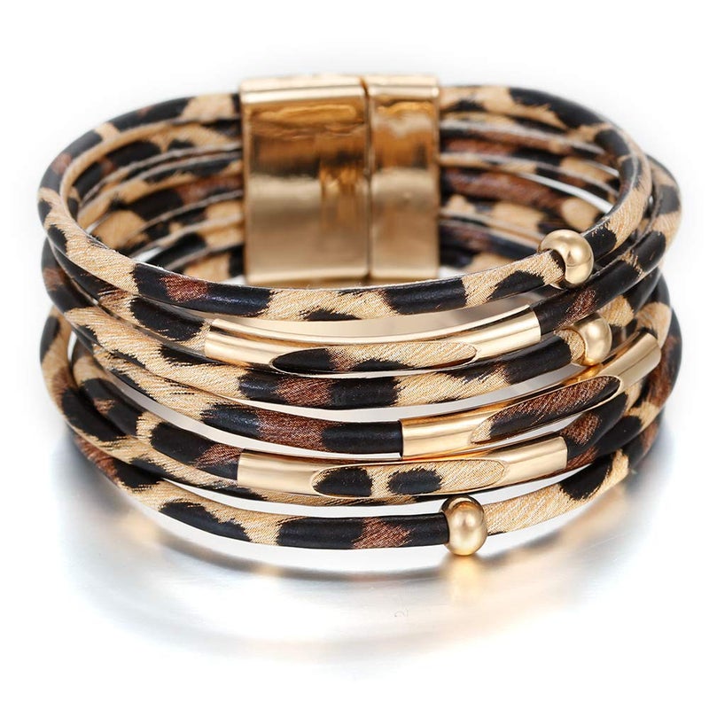 ARVATO Leopard Bracelet for Women (7.68â€) Multi Layered Animal Cheetah Print Natural Stone Braided Boho Leather Wrap Bracelet Jewelry (Leopad B) - Image 1