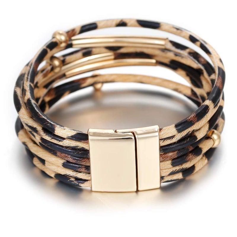 ARVATO Leopard Bracelet for Women (7.68â€) Multi Layered Animal Cheetah Print Natural Stone Braided Boho Leather Wrap Bracelet Jewelry (Leopad B) - Image 3