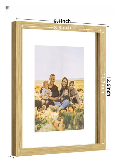 A4 Floating Photo Frame, Double Glass Rustic Frame, Display Any Size Photo up to 21x30cm, Tabletop Standing, Wood Color