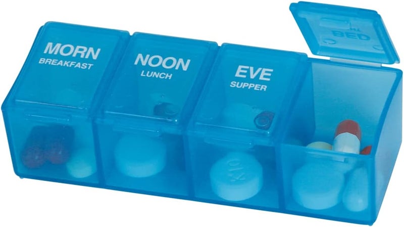 صندوق حبوب EZY DOSE اليومي، مخطط الأدوية، صندوق تنظيم الفيتامينات، 4 أقسام معلمة، 4 مرات في اليوم، قد يختلف اللون، خالي من BPA