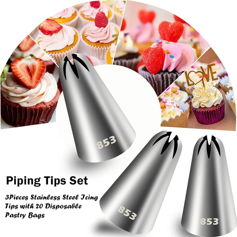 Hendiy Piping Tips Set, Stainless Steel Icing Tips with 20 Disposable Pastry Bags for Cake Decorating Piping Bags and Tips Set, 853 Frosting Tip Cupcake Decorating Kit - Image 2