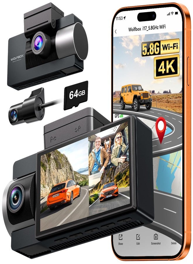 WOLFBOX i17 4K 3 Channel GPS 5.8GHz WiFi Camera Records in 4K+1080P+1080P, R Night Vision, WDR and 24h Parking Mode, Includes 64GB Card and 3" Screen - Image 1