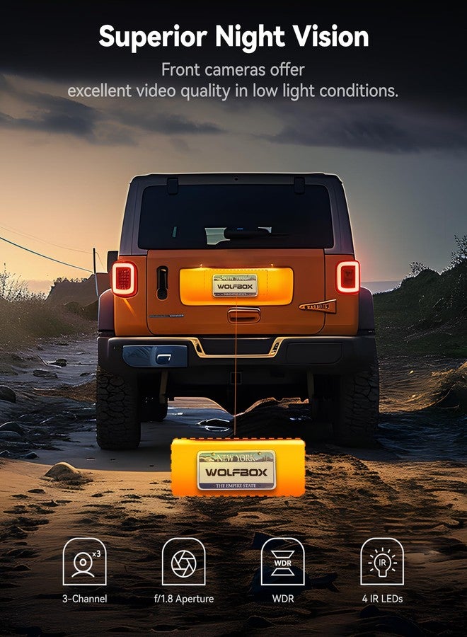 WOLFBOX i17 4K 3 Channel GPS 5.8GHz WiFi Camera Records in 4K+1080P+1080P, R Night Vision, WDR and 24h Parking Mode, Includes 64GB Card and 3" Screen - Image 4