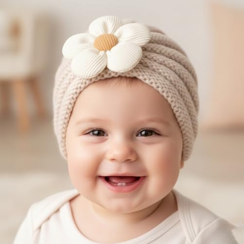 SYGA Unisex-Baby Baby Cap Flower Wool Warm Knitted Streachable Hat Infant Toddler Baby Cap 0-3 Years (Off-White) - Image 2