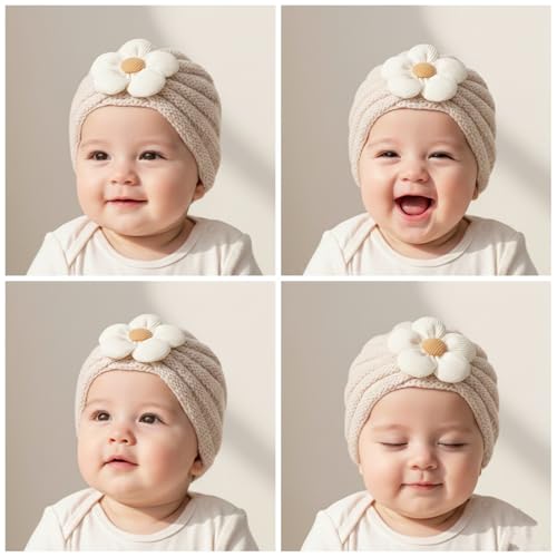 SYGA Unisex-Baby Baby Cap Flower Wool Warm Knitted Streachable Hat Infant Toddler Baby Cap 0-3 Years (Off-White) - Image 3