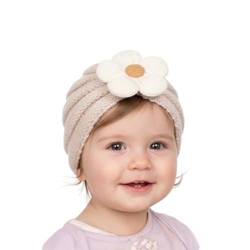 SYGA Unisex-Baby Baby Cap Flower Wool Warm Knitted Streachable Hat Infant Toddler Baby Cap 0-3 Years (Off-White) - Image 1