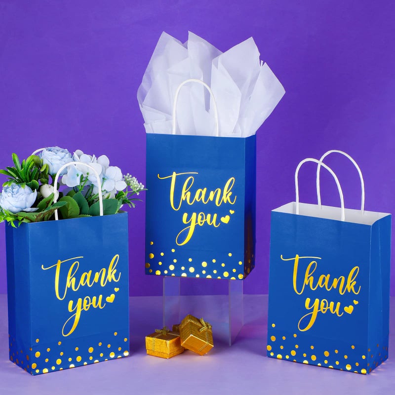 Tinlade 12 Pcs Thank You Gift Bags With Tissue Paper Gold Polka Dots Thank You Bags With Handle Party Favor For Wedding Birthday Baby Shower Business Shopping(Royal Blue) - Image 2