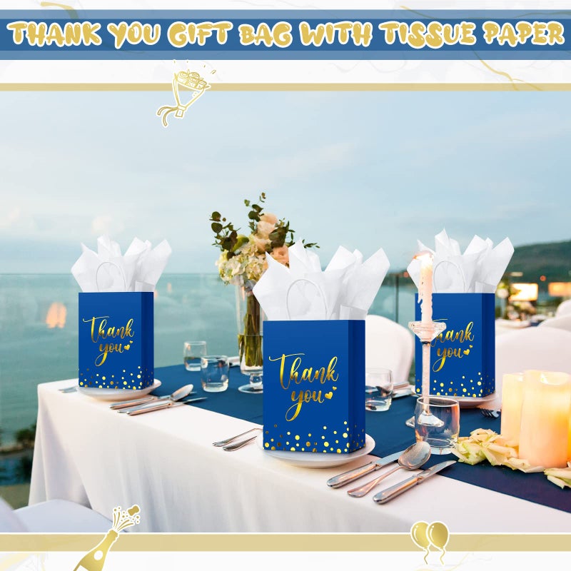 Tinlade 12 Pcs Thank You Gift Bags With Tissue Paper Gold Polka Dots Thank You Bags With Handle Party Favor For Wedding Birthday Baby Shower Business Shopping(Royal Blue) - Image 4