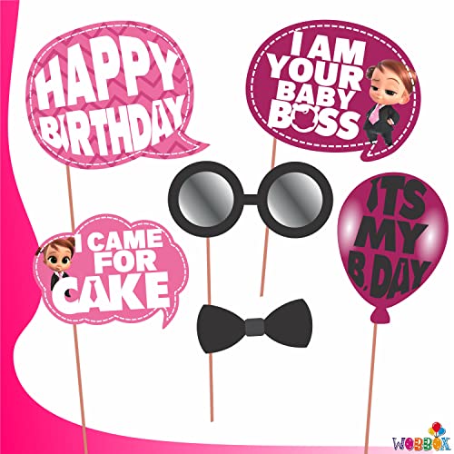 WOBBOX Happy Birthday Baby Boss Theme Photo Booth Party Props Pink Color, Birthday Party Deocration Items, Party Decoration Item (13 Pcs) - Image 2