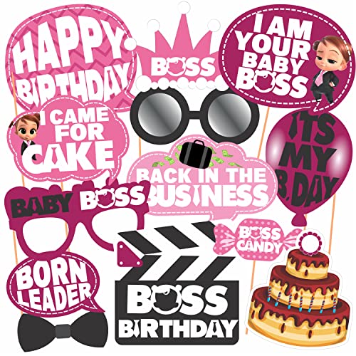 WOBBOX Happy Birthday Baby Boss Theme Photo Booth Party Props Pink Color, Birthday Party Deocration Items, Party Decoration Item (13 Pcs) - Image 1