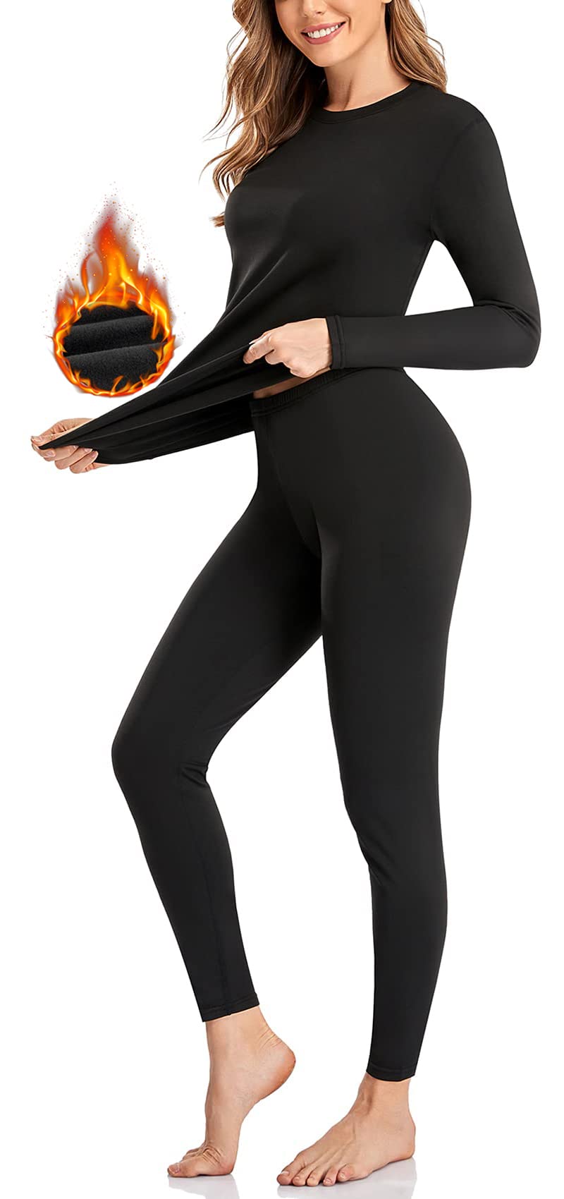 SIMIYA SIMIYA Thermal Underwear Set for Women Long Johns with Fleece Lined Long Sleeves Base Layer Set Top Bottom Black  - Image 1