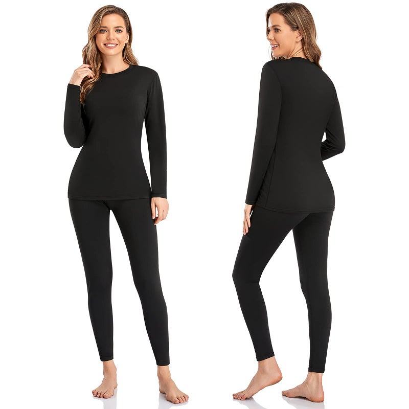 SIMIYA SIMIYA Thermal Underwear Set for Women Long Johns with Fleece Lined Long Sleeves Base Layer Set Top Bottom Black  - Image 2