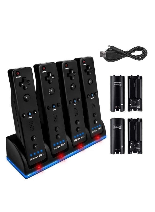 محطة شحن متطورة لوحدات تحكم Wii بأربع منافذ مع 4 بطاريات، وكابل شحن USB، ومؤشر LED - متوافقة مع وحدات تحكم Nintendo Wii - Image 1