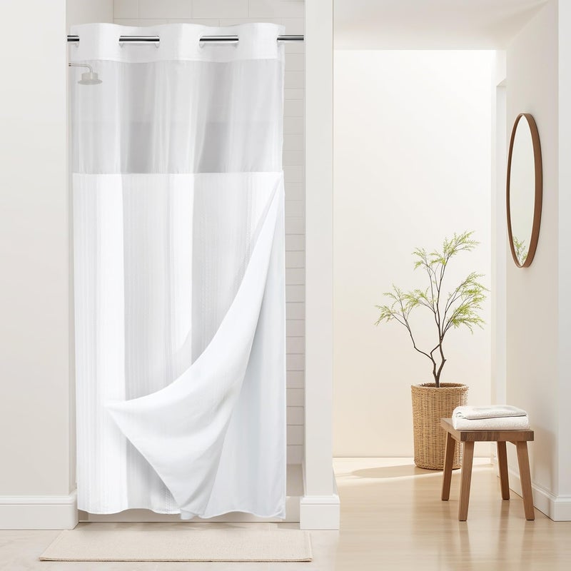River Dream Stall Heavyweight No Hooks Required Dotted Waffle Weave Shower Curtain with Snap in Liner - 36W x 74H,Hotel Grade,Spa Like Bath Curtain,White - Image 1