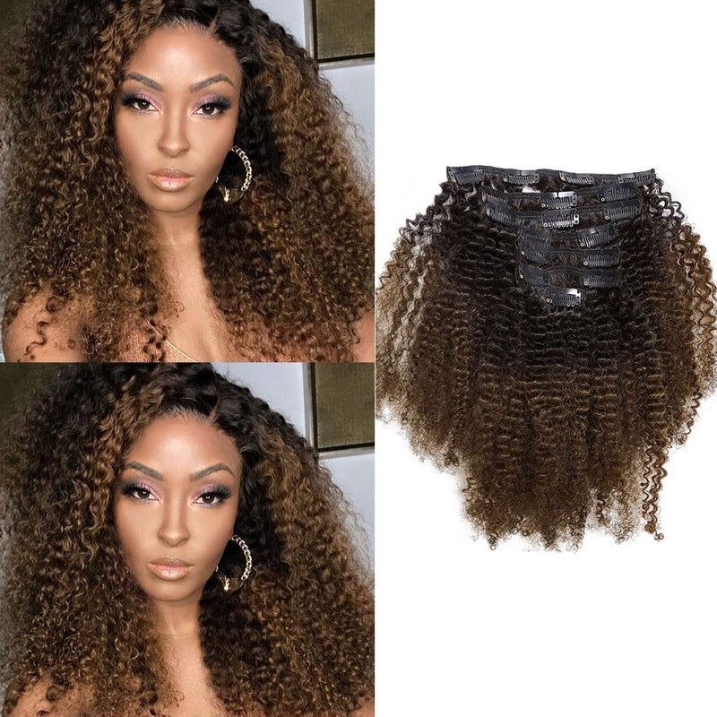 Caliee 18 Inch African Afro Kinky Curly Clip ins Hair Extensions Double Weft Top Grade Brazilian Virgin Hair Two Tone Ombre Brown 120 Gram American
