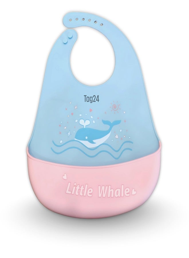 TAG24 Baby Bib for Feeding and Weaning Babies and Toddlers | Waterproof, Washable, Reusable | Adjustable Neckline with Buttons | Easy to Clean and Non-Messy Design (Whale-Blue) - Image 1
