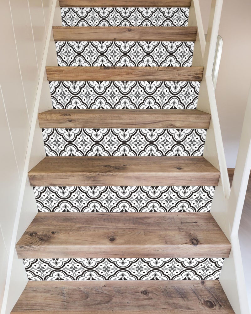 FLFK Stair Riser Decals - Black Patterns Stair Stickers Murals Peel and Stick Self-Adhesive for Home Decor, 39.3" W x 7.08" H x 13Pcs - Image 5