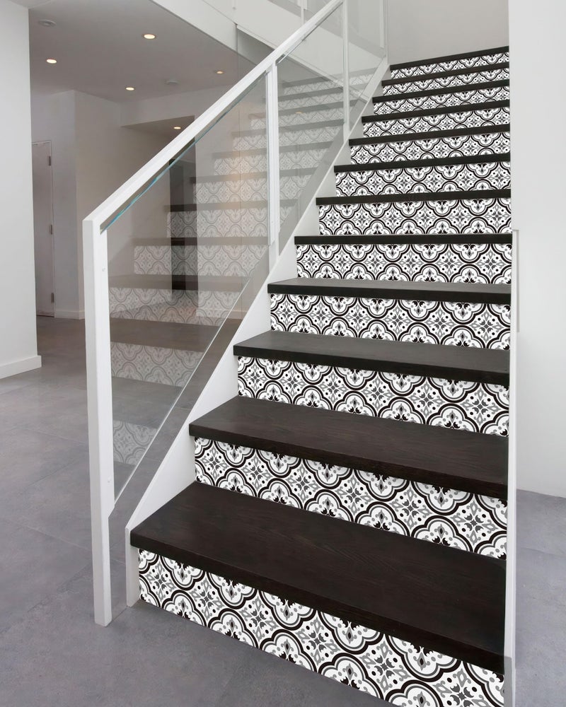 FLFK Stair Riser Decals - Black Patterns Stair Stickers Murals Peel and Stick Self-Adhesive for Home Decor, 39.3" W x 7.08" H x 13Pcs - Image 3