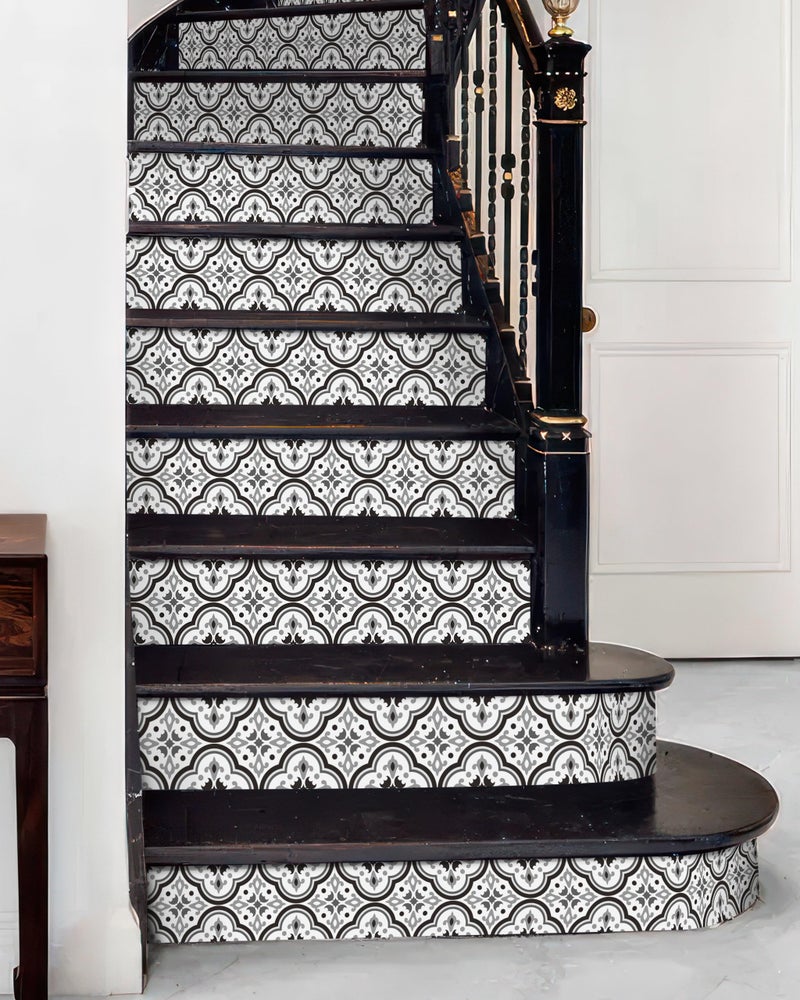 FLFK Stair Riser Decals - Black Patterns Stair Stickers Murals Peel and Stick Self-Adhesive for Home Decor, 39.3" W x 7.08" H x 13Pcs - Image 4