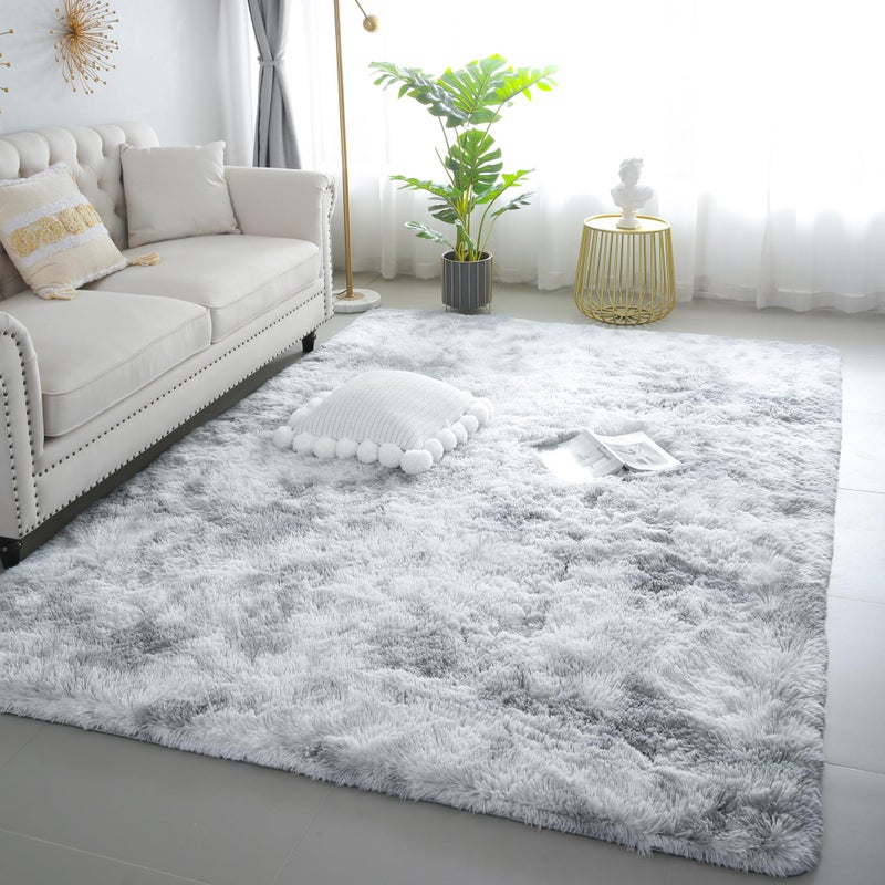 KICHOWUA 6x9 Light Grey Fluffy Shag Area Rug for Bedroom, Soft Plush Fuzzy Washable Non Slip Carpet for Living Room, Modern Comfy Furry Shaggy Large Rug for Kids Baby Boys Nursery Dorm, Tie-Dye Gray - Image 1