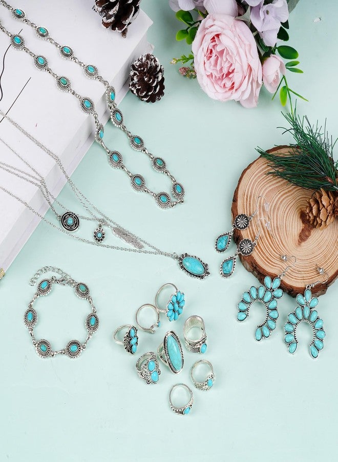 phnydreg Bohemian Jewelry Set Western Turquoise Jewelry Including Layered Necklace Dangle Earrings Bracelet Mini Belt Vintage Rings for Women Christmas Gift - Image 5