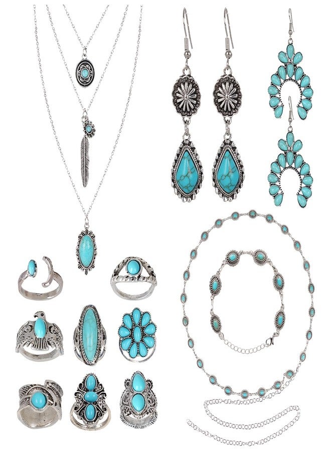 phnydreg Bohemian Jewelry Set Western Turquoise Jewelry Including Layered Necklace Dangle Earrings Bracelet Mini Belt Vintage Rings for Women Christmas Gift - Image 1