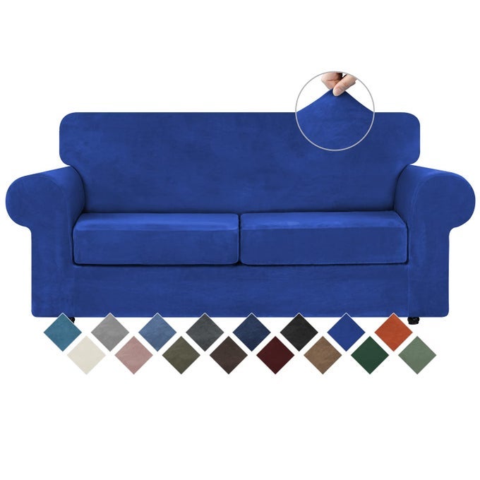 VELVET COUCH COVERS FOR 2 CUSHION COUCH SOFA HIGH STRETCH LUXURY VELVET PLUSH 3 PIECES SOFA SLIPCOVERS WITH ELASTIC BOTTOM FURNITURE PROTECTOR FOR PETS MACHINE WASHABLE ROYAL BLUE MEDIUM