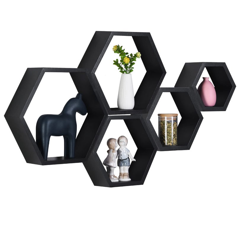 PHOENANCEE Hexagon Floating ShelvesWall Mounted Wood Farmhouse Storage Honeycomb Wall Shelf Set of 5for Bathroom Kitchen Bedroom Living RoomOfficeHome Room Wall Decor Driftwood Finish