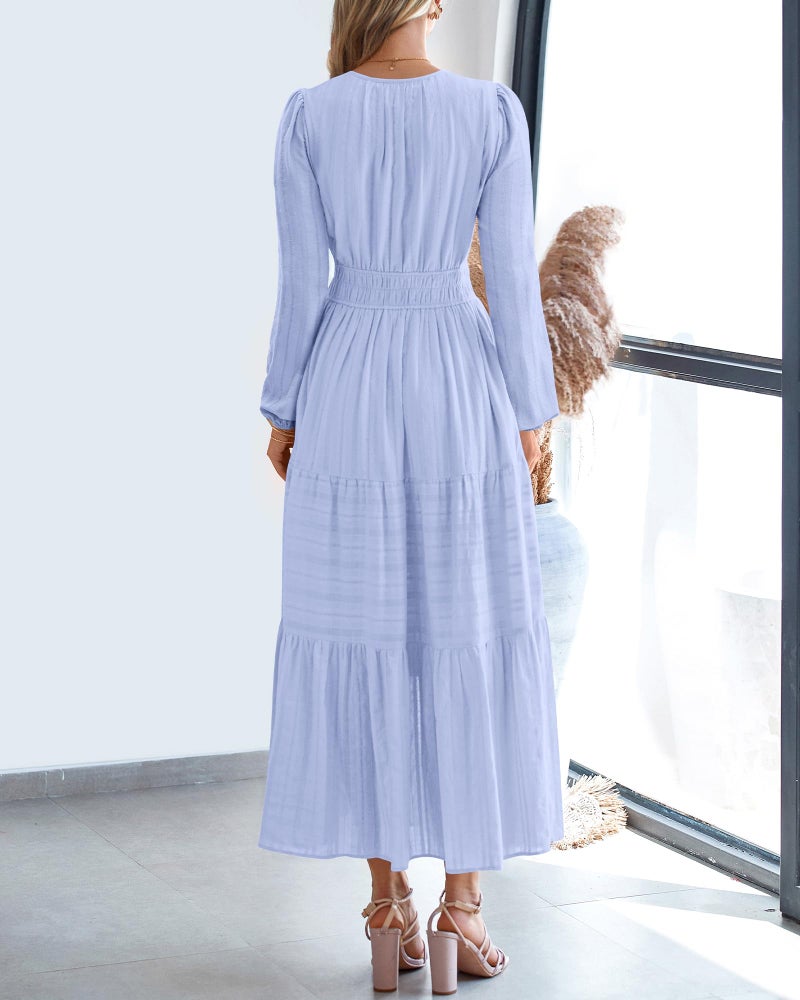 BTFBM Spring Dresses for Women 2026 Casual Long Sleeve V Neck Elastic Waist Lightweight Maxi Wedding Guest Dress Pockets(Light Blue, Medium) - Image 3